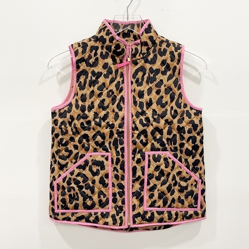 J. Crew Crewcuts Quilted Leopard Animal Print Vest Jacket Size 10 Pink Trim
